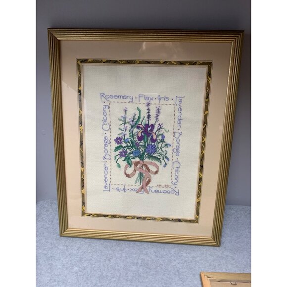 Framed Handmade Floral Needlework "Rosemary Flax Iris Lavender Borage Chicory" 1 - Picture 11 of 11